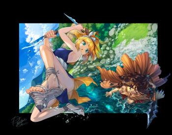 1boy 1girl armpits battle blonde_hair blue_dress blue_sky border breasts brown_hair cloud dagger day dr._stone dress dual_wielding feet green_eyes holding holding_dagger holding_knife holding_polearm holding_weapon jumping knife kohaku_(dr._stone) kunai long_hair open_mouth outdoors polearm ponytail reverse_grip rope_belt sandals shishiou_tsukasa short_sword signature sky sleeveless sleeveless_dress spear splashing sword toes ukai_(negi_wolf) water water_drop weapon