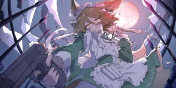 1girl alternate_costume animal_ear_fluff animal_ears apron artist_request asymmetrical_dual_wielding blonde_hair dress dual_wielding enmaided fox_ears fox_girl fox_tail full_moon game_cg glint green_dress green_ribbon gun handgun highres holding holding_gun holding_sword holding_weapon katana kudamaki_tsukasa long_sleeves looking_at_viewer maid medium_hair moon neck_ribbon night official_art red_moon ribbon sky solo sword tail test_tube third-party_source touhou touhou_lostword weapon white_apron yellow_eyes