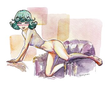 Rule 34 | 1girl, absurdres, blush, boxyban, breasts, chair, commentary, commission, completely nude, drunk, english commentary, green eyes, highres, mixed-language commentary, nipples, nude, one-punch man, open mouth, painting (medium), simple background, smile, solo, tatsumaki, traditional media, watercolor (medium)