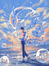 1boy absurdres arm_up black_hair blue_pants blue_shirt bubble closed_eyes disintegration dolphin from_side gradient_sky highres holding_bubble in_water light_rays light_reflection_(water) long_sleeves ocean original pants ryepe shirt short_hair sky smile solo sunset wading