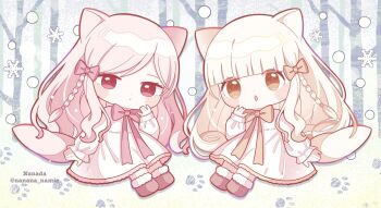 2girls :o animal_ears artist_name blonde_hair blunt_bangs blush_stickers boots bow bowtie braid brown_boots cat_ears cat_girl cat_tail chibi chibi_only closed_mouth commentary dress full_body fur-trimmed_boots fur_trim hair_bow hand_up highres long_hair long_sleeves looking_at_viewer multiple_girls nada_namie open_mouth original outdoors parted_bangs pink_dress pink_hair red_bow red_bowtie red_eyes single_braid sitting snowflakes symbol-only_commentary tail twitter_username winter yellow_bow yellow_bowtie yellow_dress yellow_eyes