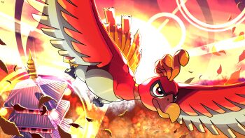 Rule 34 | beak, bell tower (pokemon), gen 2 pokemon, highres, ho-oh, in-universe location, leaf, legendary pokemon, nintendo, no humans, pokemon, pokemon (creature), pokemon focus, red eyes, solo, sunset, tntvale, tower, wings