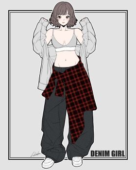 1girl baggy_pants bambi_surprise bare_shoulders black_pants breasts brown_eyes brown_hair clothes_around_waist commentary english_commentary full_body grey_jacket grey_sports_bra highres jacket jacket_partially_removed looking_at_viewer medium_breasts medium_hair navel original pants plaid_clothes shoes signature solo sports_bra standing stomach white_shoes