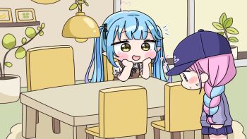 2girls :d ahoge anchor_symbol baseball_cap blue_hair blush_stickers braid brown_dress chair chibi closed_mouth collared_shirt commentary_request dress flying_sweatdrops grey_hoodie hat heart heart_ahoge highres hololive hood hoodie indoors long_hair long_sleeves minato_aqua mochimiko multicolored_hair multiple_girls on_chair open_mouth pink_hair pleated_skirt profile puffy_long_sleeves puffy_short_sleeves puffy_sleeves purple_eyes purple_hair purple_hat purple_skirt shirt short_sleeves sitting skirt sleeveless sleeveless_dress small_sweatdrop smile standing sweat table twin_braids twintails two-tone_hair very_long_hair virtual_youtuber white_shirt yukihana_lamy