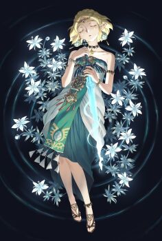 Rule 34 | 1girl, armlet, bare shoulders, blonde hair, blue flower, bracelet, braid, circlet, closed eyes, commentary request, crown braid, dress, earrings, facial mark, flower, full body, highres, holding, holding sword, holding weapon, jewelry, korean commentary, long dress, magatama, magatama necklace, master sword, nagsu (narksuhaza), necklace, nintendo, pendant choker, pointy ears, princess zelda, ripples, sandals, short hair, sidelocks, silent princess, solo, strapless, strapless dress, sword, teardrop facial mark, the legend of zelda, the legend of zelda: tears of the kingdom, weapon
