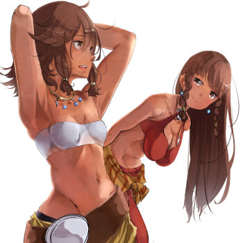 10s 2girls :d ahoge amazon_warrior armpits arms_behind_back arms_behind_head arms_up bandeau bare_arms bare_shoulders bikini bikini_top_only braid breasts brown_eyes brown_hair closed_mouth dark-skinned_female dark_skin dungeon_ni_deai_wo_motomeru_no_wa_machigatteiru_darou_ka earrings female_focus groin hair_between_eyes hair_ornament hair_tubes hanging_breasts jewelry large_breasts leaning leaning_forward long_hair looking_at_another matching_hair/eyes midriff multiple_girls navel necklace open_mouth otonashi_yusaku red_bikini red_legwear round_teeth short_hair siblings simple_background sisters small_breasts smile standing strapless swimsuit sword_oratoria teeth thighhighs tiona_hyryute tione_hyryute tube_top twin_braids twins white_background white_tube_top