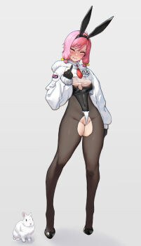 1girl angry animal_ear_hairband animal_ears arm_at_side black_gloves black_hairband black_pantyhose black_shoes blush breasts butsu_menhou c-string cleavage_cutout clothing_cutout commentary_request covered_navel cropped_hoodie crotchless crotchless_pantyhose embarrassed fake_animal_ears frontal_wedgie full-face_blush full_body gloves gradient_background grey_background hairband highleg highleg_leotard hood hoodie leotard linea_alba low_twintails medium_breasts medium_hair middle_finger nontraditional_playboy_bunny original paid_reward_available pantyhose pink_hair pubic_hair pubic_hair_peek pussy pussy_peek rabbit rabbit_ear_hairband rabbit_ears see-through_hoodie shoes single_hair_streak solo strapless_bottom super_highleg t-back twintails wedgie