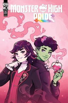 2boys black_hair black_jacket bottle colored_skin comic_cover commentary curly_hair english_commentary fangs heart highres holding holding_bottle idw_publishing jacket kieran_valentine lgbt_pride love_potion male_focus medium_hair monster_high monster_high_(g1) multicolored_hair multiple_boys official_art pianta_celi pink_eyes pink_skin pink_theme potion short_hair smile spelldon_cauldronello streaked_hair upper_body vampire
