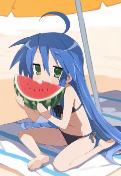 1girl absurdres ahoge bare_arms bare_legs bare_shoulders barefoot beach beach_umbrella bikini black_bikini blue_hair carpet day eating feet flat_chest food fruit full_body green_eyes highres holding holding_food holding_fruit holding_watermelon izumi_konata long_hair lucky_star mole mole_under_eye navel ogaoekaki outdoors sitting soles solo stomach swimsuit umbrella very_long_hair watermelon