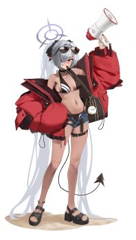 1girl absurdres bag bare_shoulders belt bikini black_belt black_bikini black_tail blue_archive blush breasts choker collar collarbone commentary_request dark-skinned_female dark_skin demon_tail denim denim_shorts duffel_bag eyewear_on_head full_body grey_hair hair_over_one_eye hair_ribbon halo halterneck highres holding holding_megaphone iori_(blue_archive) iori_(swimsuit)_(blue_archive) jacket korean_commentary long_hair looking_at_viewer medium_breasts megaphone micro_shorts mole mole_on_breast mole_on_thigh multi-strapped_bikini_bottom navel official_alternate_costume open_clothes open_fly open_jacket pointy_ears purple_halo red_eyes red_jacket revision ribbon sandals short_shorts shorts simple_background solo standing sunglasses swimsuit tail thigh_belt thigh_strap transparent_background very_long_hair whistle whistle_around_neck zi0807