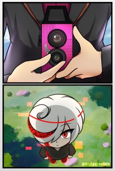 1boy 1girl artist_name black_dress camera camera_around_neck crossover dress hair_over_one_eye highres holding holding_camera kadoya_tsukasa kamen_rider kamen_rider_dcd kyjepsilon1004 long_sleeves one_eye_covered outdoors red_eyes sage_(sonic) short_hair sonic_(series) sonic_frontiers white_hair