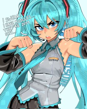 Rule 34 | 1girl, armpits, black skirt, black sleeves, blue eyes, blue hair, blue necktie, breasts, character name, clenched hands, collared shirt, commentary, copyright name, cowboy shot, detached sleeves, english commentary, english text, flexing, frilled shirt, frills, grey shirt, hair between eyes, hair ornament, hatsune miku, headset, highres, linnees waos, long hair, looking at viewer, necktie, open mouth, pleated skirt, shirt, simple background, skirt, sleeveless, sleeveless shirt, small breasts, solo, teeth, twintails, upper teeth only, vocaloid