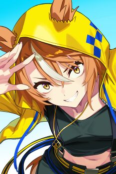 1girl absurdres animal_ears belt black_shirt breasts brown_hair commentary_request dictus_striker_(umamusume) ears_through_headwear ears_through_hood hair_between_eyes highres hood hooded_jacket hoodie horse_ears horse_girl horse_tail jacket jewelry long_sleeves looking_at_viewer midriff multicolored_hair navel necklace open_mouth pants reibun_(raven1119) shirt short_hair smile solo streaked_hair tail teeth umamusume umamusume:_cinderella_gray white_hair yellow_eyes yellow_hood yellow_hoodie yellow_jacket