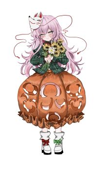 ankle_boots arched_bangs asymmetrical_footwear blouse blush boots breasts buttons clothing_cutout collared_shirt convenient_censoring daisy_(flower) eyes_visible_through_hair flower fox_mask groin hata_no_kokoro highres juliet_sleeves large_breasts light_smile long_hair long_skirt long_sleeves looking_at_viewer loose_clothes loose_shirt mask mask_on_head midriff_peek mismatched_footwear multicolored_buttons neck_ribbon no_panties ougiikun pink_eyes pink_hair plaid_clothes plaid_shirt puffy_sleeves pumpkin_skirt revealing_clothes ribbon shirt skirt sunflower touhou wide_sleeves