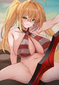 1boy 1girl absurdres aestus_estus ahoge bare_shoulders bikini blonde_hair blush bottomless breasts cleavage convenient_censoring cowgirl_position earrings fate/grand_order fate_(series) girl_on_top green_eyes hair_intakes hetero highres jewelry large_breasts long_hair looking_at_viewer navel nero_claudius_(fate) nero_claudius_(swimsuit_caster)_(fate) red_bikini sex sex_from_behind smile spread_legs straddling striped_bikini striped_clothes swimsuit sword takanaru thighs weapon
