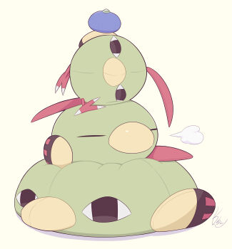 <o>_<o> absurdres beak berry_(pokemon) bird black_eyes closed_eyes commentary_request gen_2_pokemon highres itrneu_eaka multicolored_wings natu nintendo no_humans on_head oran_berry pokemon pokemon_(creature) pokemon_focus pokemon_gsc pokemon_on_head sleeping stuffed_animal stuffed_toy white_background wings