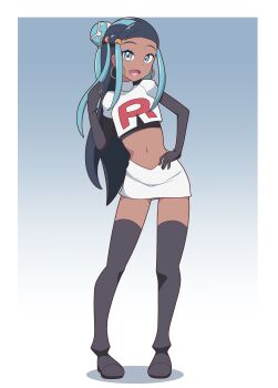 1girl :d absurdres aqua_hair araki_megami black_boots black_gloves black_hair boots commission cosplay cropped_jacket dark-skinned_female dark_skin earrings elbow_gloves eyelashes eyeshadow gloves hair_bun hand_on_own_hip hand_up happy highres hoop_earrings jacket jessie_(pokemon) jessie_(pokemon)_(cosplay) jewelry logo long_hair makeup midriff multicolored_hair navel nessa_(pokemon) nintendo open_mouth pixiv_commission pokemon pokemon_(anime) pokemon_swsh sidelocks skirt smile solo standing stomach team_rocket team_rocket_uniform thigh_boots tongue two-tone_hair white_jacket white_skirt