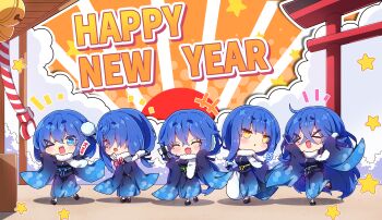 >_< +++ 5girls :d ^_^ black_sandals blue_eyes blue_hair blue_kimono blush breasts chibi chibi_only closed_eyes commentary_request double-parted_bangs full_body hair_between_eyes happy_new_year highres japanese_clothes kimono long_hair long_sleeves milkpanda multiple_girls new_year notice_lines okobo omikuji open_mouth orange_background original platform_sandals red_eyes sandals scarf smile socks standing standing_on_one_leg tabi torii white_scarf white_socks wide_sleeves xd yellow_eyes
