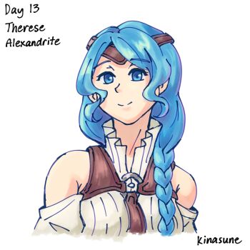 1girl armor artist_name bare_shoulders blue_eyes blue_hair braid braided_ponytail breasts breasts_apart character_name closed_mouth collared_dress commentary cropped_torso detached_sleeves dress english_commentary english_text forehead_protector hair_over_shoulder high_collar highres kinasune leather_armor long_hair looking_at_viewer low_ponytail medium_breasts pinstripe_dress pinstripe_pattern ponytail sidelocks signature simple_background smile solo straight-on tate_no_yuusha_no_nariagari therese_alexanderite tiara upper_body white_background white_dress white_sleeves