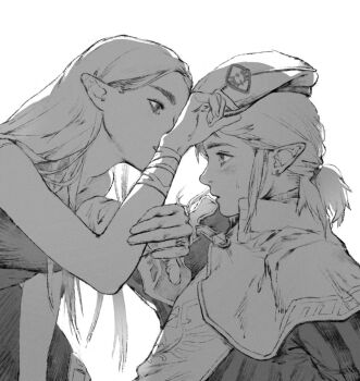 1boy 1girl adjusting_clothes adjusting_headwear aizheajsee bangle bare_shoulders blush bracelet breasts capelet dress dressing_another earrings embarrassed from_side greyscale hair_behind_ear hand_on_another&#039;s_headwear hand_up hat hetero jewelry leaning_back leaning_forward leaning_on_person link long_hair long_sleeves looking_at_another medium_breasts monochrome nintendo parted_lips pointy_ears ponytail princess_zelda profile pushing_away royal_guard_set_(zelda) simple_background sleeveless sleeveless_dress sweat the_legend_of_zelda the_legend_of_zelda:_breath_of_the_wild upper_body