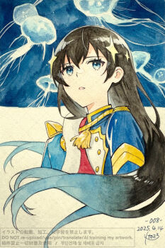 Rule 34 | 1girl, aiguillette, arm at side, black hair, blue background, blue eyes, blue hair, blue jacket, commentary, cropped torso, crossed bangs, dated, english text, epaulettes, floating hair, fur-trimmed jacket, fur trim, gradient hair, ito fumi, jacket, jacket on shoulders, jellyfish, kagura hikari, long hair, looking to the side, looking up, multicolored hair, multicolored jacket, painting (medium), parted lips, red sash, sash, shoujo kageki revue starlight, shoulder sash, signature, solo, sparkle hair ornament, tassel, traditional media, translation request, two-tone background, two-tone hair, untranslatable commentary, watercolor (medium), white background, white jacket, yellow trim