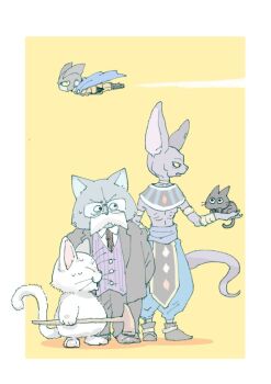 ancient_egyptian_clothes beerus black_boots black_cat black_gloves blue_cape boots cape carrying cat character_request closed_eyes colored_sclera colored_skin dragon_ball dragon_ball_super dragon_ball_super_super_hero dragonball_z gamma_2 gloves grey_skin highres jacket karin_(dragon_ball) long_sleeves male_focus meitarou multiple_boys pants sweatdrop tama_(dragon_ball) teeth v-shaped_eyebrows yellow_jacket yellow_pants yellow_sclera