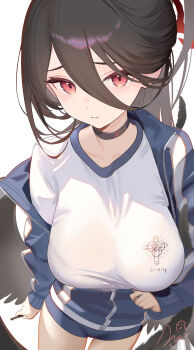 1girl absurdres black_choker black_hair black_wings blue_archive blue_jacket breasts choker feathered_wings gym_shirt gym_shorts gym_uniform hair_between_eyes halo hasumi_(blue_archive) hasumi_(track)_(blue_archive) highres huge_breasts jacket large_breasts long_hair_between_eyes loosely_tucked_bangs low_wings mole mole_under_eye nyarnya official_alternate_costume oversized_wings partially_unzipped red_eyes red_halo running_track shirt shorts solo track_jacket trinity_general_school_logo wings