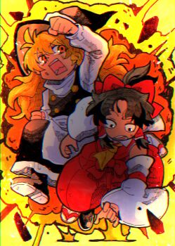 2girls absurdres black_boots black_eyes black_skirt black_vest blonde_hair boots clenched_hands detached_sleeves explosion explosion_background floating_hair hair_tubes hakama hakama_pants hakurei_reimu hat highres inuyama_konan japanese_clothes kirisame_marisa long_sleeves multiple_girls open_mouth orange_eyes pants raised_eyebrow red_hakama red_shirt running sandals shirt sidelocks skirt sleeveless sleeveless_shirt sweat touhou vest white_shirt witch_hat zouri