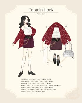 1girl bag black_hair captain_hook contemporary curly_hair fashion full_body genderswap genderswap_(mtf) handbag highres jacket lips long_hair meecosme shirt skirt smile solo walt_disney&#039;s_peter_pan
