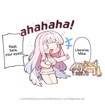 +++ 3_3 3girls animal_ear_fluff animal_ears bikini blonde_hair blue_archive breasts chibi choker closed_eyes commentary cropped_legs donmin_h earrings english_commentary english_text feathered_wings frilled_bikini frills gradient_hair halo head_only high_ponytail hoop_earrings jewelry large_breasts laughing light_frown long_hair low_wings mika_(blue_archive) mika_(swimsuit)_(blue_archive) multicolored_hair multiple_girls nagisa_(blue_archive) nagisa_(swimsuit)_(blue_archive) navel no_nose open_mouth pink_hair pink_halo pointing ponytail seia_(blue_archive) seia_(swimsuit)_(blue_archive) smile speech_bubble sunglasses swimsuit thighs very_long_hair visor_cap white_bikini white_choker wings yellow_halo