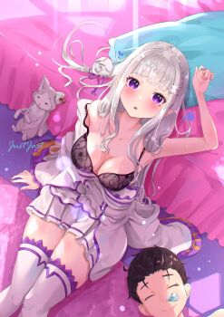 1boy 1girl absurdres against_bed bare_shoulders bed bed_sheet black_bra black_hair blunt_bangs blush bra braid breasts closed_mouth collarbone commentary_request crown_braid elf emilia_(re:zero) feet_out_of_frame flower grey_hair hair_flower hair_ornament hair_ribbon hand_up highres indoors justjast lace lace_bra long_hair long_sleeves looking_at_viewer lying medium_breasts natsuki_subaru nose_bubble off_shoulder on_back on_floor open_mouth pink_nails pleated_skirt pointy_ears puck_(re:zero) purple_eyes purple_ribbon re:zero_kara_hajimeru_isekai_seikatsu ribbon shirt short_hair signature sitting skirt sleeping snoring thighhighs underwear white_shirt white_skirt white_thighhighs x_hair_ornament zettai_ryouiki