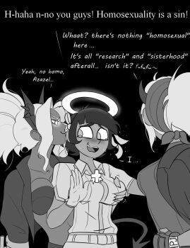 angel azazel_(helltaker) black_background blush breasts comic cross demon_girl english_text gloves glowing glowing_eye grabbing_another's_breast greyscale groping haaru hair_ribbon hairband halo helltaker highres horns instant_loss jacket judgement_(helltaker) justice_(helltaker) large_breasts long_hair medium_breasts monochrome multiple_girls open_mouth ponytail ribbon segmented_comic short_hair sweat yuri