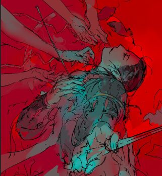 arrow_(projectile) arrow_in_body baldur&#039;s_gate baldur&#039;s_gate_3 black_hair cazador_szarr dagger dungeons_&amp;_dragons dungeons_&amp;_dragons earrings hair_slicked_back highres jewelry knife limited_palette long_hair long_sleeves male_focus pointy_ears profile reaching reaching_towards_another too_many_hands vihua6 weapon