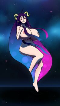 1girl ahoge areola_slip be_witches breasts completely_nude convenient_censoring curled_horns curvy female_focus full_body hair_over_breasts highres horns huge_breasts long_hair looking_at_viewer multicolored_hair navel nightmare_(be_witches) nude pointy_ears red_eyes solo star_(sky) thick_thighs thighs very_long_hair wide_hips ydbunny