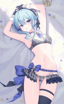 1girl adapted_costume arms_up belt bikini black_gloves black_thighhighs blue_belt blue_choker blue_eyes blue_hair breasts choker cleavage closed_mouth fingerless_gloves gloves grey_bikini grey_skirt hair_ornament highres hololive hoshimachi_suisei hoshimachi_suisei_(1st_costume) kumano_yume looking_at_viewer lying on_back skirt small_breasts solo star_(symbol) star_hair_ornament swimsuit thigh_strap thighhighs unworn_hair_ornament virtual_youtuber
