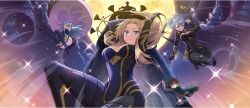 2boys 3girls alpha_(kage_no_jitsuryokusha_ni_naritakute!) aqua_(konosuba) armpits arms_up belt beta_(kage_no_jitsuryokusha_ni_naritakute!) black_belt black_bodysuit black_coat black_pants blonde_hair blue_boots blue_eyes blue_hair blue_shirt blue_skirt bodysuit boots braid braided_sidelock breasts breasts_apart brown_belt brown_hair cape cid_kagenou cleavage cleavage_cutout closed_mouth clothing_cutout cloud cloudy_sky coat convenient_leg covered_navel crossed_arms crossover detached_sleeves elf falling floating_hair from_below full_moon game_cg glowing glowing_eye gold_trim green_cape green_eyes grey_hair hair_rings hand_in_own_hair hand_up high_collar high_heel_boots high_heels highres hood hood_up kage_no_jitsuryokusha_ni_naritakute! kono_subarashii_sekai_ni_shukufuku_wo! konosuba!_fantastic_days large_breasts legs_up long_coat long_hair long_sidelocks long_sleeves looking_at_viewer looking_down matching_outfits medium_hair midair miniskirt mole mole_under_eye moon multiple_belts multiple_boys multiple_girls night night_sky official_art open_mouth outdoors outstretched_leg pants parted_bangs pointy_ears satou_kazuma shade shaded_face shadow_(cid_kagenou) shirt short_hair sidelocks single_hair_ring skirt sky sleeveless sleeveless_shirt smile standing standing_on_roof star_(sky) starry_sky teardrop thigh_belt thigh_boots thigh_strap thighhighs thighhighs_under_boots thighs tower triangle v-shaped_eyebrows very_long_hair white_shirt white_sleeves white_thighhighs yellow_moon