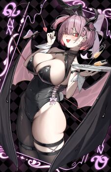 1girl absurdres alternate_costume animal_ear_hairband animal_ears arm_strap bare_shoulders black_horns black_leotard black_liquid black_nails black_pantyhose black_thighhighs blush breasts checkered_background chest_belt cleavage collarbone commentary covered_navel cowboy_shot cup demon_girl demon_tail demon_wings earclip earrings fake_animal_ears fake_tail fang goddess_of_victory:_nikke hair_between_eyes hair_over_one_eye hairband hands_up highleg highleg_leotard highres holding holding_tray horns jewelry ko_uniii large_breasts leotard looking_at_viewer one_side_up open_mouth pantyhose pink_hair playboy_bunny rabbit_ear_hairband rabbit_ears rabbit_tail red_eyes sidelocks single_horn single_leg_pantyhose single_thighhigh skin_fang skindentation standing strapless strapless_leotard stud_earrings sweat tail tearing_up thigh_strap thighhighs tray wings wrist_cuffs ziz_(nikke)