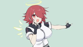 1girl :d animated animated_gif arknights black_gloves breasts chinese_commentary commentary_request detached_wings energy_wings exusiai_(arknights) fingerless_gloves gloves green_background hair_over_one_eye halo highres hoshino_ruby_dance ikamochi_kalong jacket large_breasts looking_at_viewer looping_animation open_mouth oshi_no_ko red_eyes red_hair short_hair short_sleeves simple_background smile solo upper_body white_jacket wings