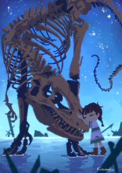 1girl absurdres animal animal_hug animal_skeleton black_hair bone boots braid brown_boots child closed_eyes dinosaur_skeleton highres kokamakiri night original outdoors short_sleeves sky smile solo standing star_(sky) starry_sky twin_braids tyrannosaurus_rex water
