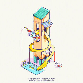 4others awning baby_animal baseball_cap bird chromatic_aberration commentary covering_own_mouth cup disposable_cup drink drinking_straw duck duckling fishing fishing_rod german_text hands_up hanging hat highres holding holding_fishing_rod innertube iwse_zhang ladder lifebuoy multiple_others original other_focus own_hands_together pool red_hat simple_background sitting sweat swim_ring towel tower translation_request water water_slide white_background wide_shot