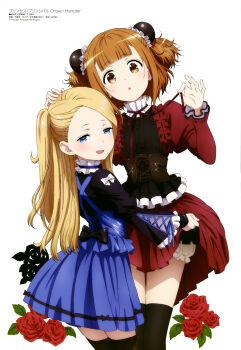 Rule 34 | 2girls, absurdres, artist request, beatrice (princess principal), black dress, black thighhighs, blonde hair, bloomers, blue dress, blue eyes, blue ribbon, blunt bangs, brown corset, brown eyes, brown hair, bun cover, clothes lift, copyright name, copyright notice, corset, double bun, dress, dress lift, flower, hair bun, hand on another's head, highres, holding, holding ribbon, juliet sleeves, lifting another's clothes, light blush, long hair, long sleeves, looking at viewer, magazine scan, mary (princess principal), megami magazine, multiple girls, neck ribbon, official art, one side up, open mouth, parted lips, princess principal, puffy sleeves, red dress, red flower, red ribbon, red rose, ribbon, rose, scan, short dress, short hair, simple background, smile, swept bangs, thighhighs, two-tone dress, underwear, white background, white bloomers