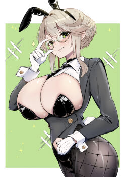 Rule 34 | 1girl, ade (agent bunny) (nikke), ade (nikke), adjusting eyewear, animal ear hairband, animal ears, between breasts, black choker, black jacket, black leotard, black necktie, blonde hair, blush, braid, breasts, bun with braided base, choker, cleavage, closed mouth, clothing cutout, commentary request, detached collar, earpiece, fake animal ears, fake tail, fishnet pantyhose, fishnets, glasses, gloves, goddess of victory: nikke, green eyes, hair between eyes, hair bun, hair ornament, hairband, hand up, highleg, highleg leotard, highres, jacket, large breasts, leotard, long sleeves, looking at viewer, navel, navel cutout, necktie, necktie between breasts, official alternate costume, pantyhose, playboy bunny, rabbit ear hairband, rabbit ears, rabbit tail, sidelocks, smile, solo, standing, strapless, strapless leotard, swept bangs, tail, timosan, undersized breast cup, white wrist cuffs, wrist cuffs