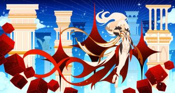 1girl asmoday_(genshin_impact) asymmetrical_gloves bare_shoulders barefoot black_fur blue_sky bodysuit breasts brown_gloves cleavage closed_mouth cloud cloudy_sky column commentary cube dress english_commentary ffluvy floating floating_object full_body fur_collar genshin_impact gloves hair_between_eyes highres long_hair outdoors pillar red_gloves sky solo white_bodysuit white_dress white_hair yellow_eyes