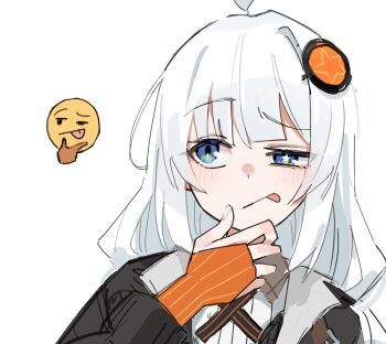 1girl absurdres blue_eyes commentary_request emoji hair_ornament highres kizuna_akari solo tongue tongue_out uranosebi voiceroid white_background white_hair