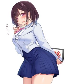 1girl :d blazer blue_skirt blush breasts brown_hair colored_inner_hair curvy drawing_tablet highres jacket large_breasts multicolored_hair open_mouth original purple_eyes sakanaya_(sakanaya952) school_uniform shirt short_hair simple_background skirt smile solo tablet_pc thick_thighs thighs two-tone_hair white_background white_jacket white_shirt