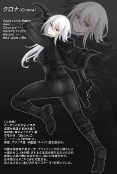 1girl absurdres belt black_background black_belt black_bodysuit black_boots black_cape bodysuit boots cape closed_mouth crona_(fuku12290574) dagger dot_mouth from_behind fuku_(fuku12290574) full_body gun handgun highres holding holding_dagger holding_gun holding_knife holding_weapon hood hood_down hooded_cape knife long_hair looking_at_viewer looking_back original reference_sheet shoe_soles solo strap weapon white_hair zoom_layer