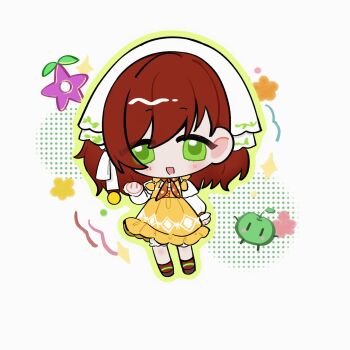 1girl animated animated_gif blinking bloomers bow brown_hair brown_sandals brown_socks chibi clenched_hands country_lolita cross-laced_clothes cross-laced_dress dress eyes_visible_through_hair frilled_dress frilled_sleeves frills green_eyes green_outline hair_between_eyes halftone happy headscarf highres infinity_nikki junimo light_blush lolita_fashion long_sleeves looping_animation medium_dress neckerchief nikki_(series) open_mouth orange_neckerchief outline pinafore_dress polka_dot_neckerchief puffy_long_sleeves puffy_sleeves sandals shidian shirt short_hair sleeveless sleeveless_dress sleeves_past_wrists smile socks solo stardew_valley stardew_valley_encounter_(infinity_nikki) underwear white_background white_bloomers white_headscarf white_shirt yellow_bow yellow_dress