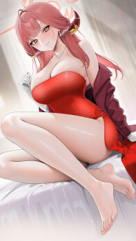 1girl absurdres aru_(blue_archive) aru_(dress)_(blue_archive) bare_shoulders barefoot blue_archive blush breasts buko_(bukosuki) cleavage closed_mouth commentary_request demon_girl demon_horns dress elbow_gloves feet gloves halo highres horns jacket jewelry large_breasts long_hair looking_at_viewer necklace off_shoulder official_alternate_costume on_bed open_clothes open_jacket orange_eyes pink_hair pink_halo red_dress red_jacket sitting skindentation smile solo thighs toes white_gloves