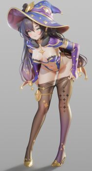 1girl 3d aqua_eyes black_gloves black_hair black_pantyhose blender_(medium) blush breasts choker cleavage clothes_pull detached_sleeves earrings elbow_gloves full_body genshin_impact gloves grey_background hat hat_ornament high_heels highleg highleg_leotard highres jewelry leaning_forward leotard long_hair looking_at_viewer medium_breasts mona_(genshin_impact) navel pantyhose pantyhose_pull purple_hair simple_background smile solo standing star_(symbol) star_earrings thighlet twintails ucupumar witch_hat