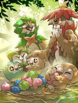 +_+ alternate_color berry_(pokemon) bright_pupils closed_eyes commentary_request dartrix decidueye evolutionary_line gen_7_pokemon highres hisuian_decidueye holding nintendo no_humans open_mouth oran_berry pokemon pokemon_(creature) rowlet shiny_and_normal shiny_pokemon tongue u_u white_pupils yamaori_(hakkentai_pokedan) yellow_eyes